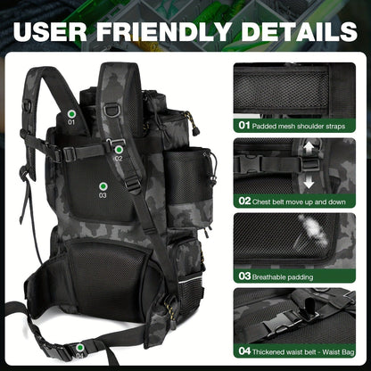 Large Fishing Tackle Bag with 4 Tackle Boxes – 43L Backpack with Rod Holder, Detachable Waist Pack & Gear Storage for Men Women | Black, Khaki & Camo