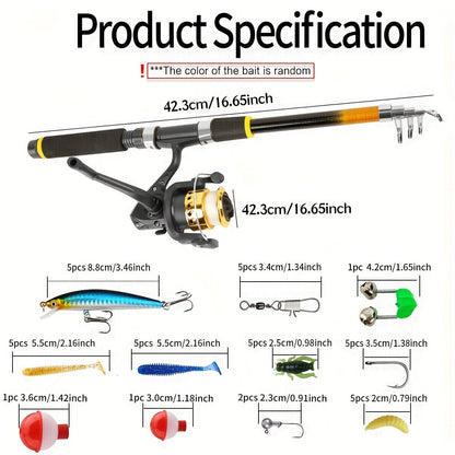 Baitcasting Rod and Reel Combo Set – Medium-Fast Action Telescopic Fishing Rod with Line, Lures, Accessories Box & Carry Bag, Ambidextrous Design for Beginners