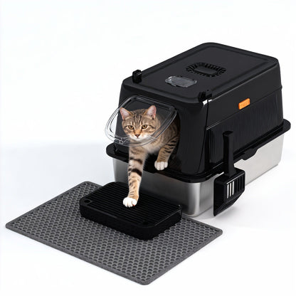 Extra Large Enclosed Cat Litter Box - Stainless Steel with Front Flap Door, Foldable Anti-Splash Fully Covered Design, Superior Odor Control Indoor Cat Toilet, 3 Colors, CITYLIFE Oversized