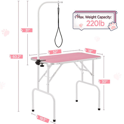 Pet Grooming Table Foldable with Height Adjustable Arm – Non-Slip Waterproof Surface, Folding Legs, Sturdy Metal Frame, Professional Dog Cat Beauty Trimming Table for Home & Salon