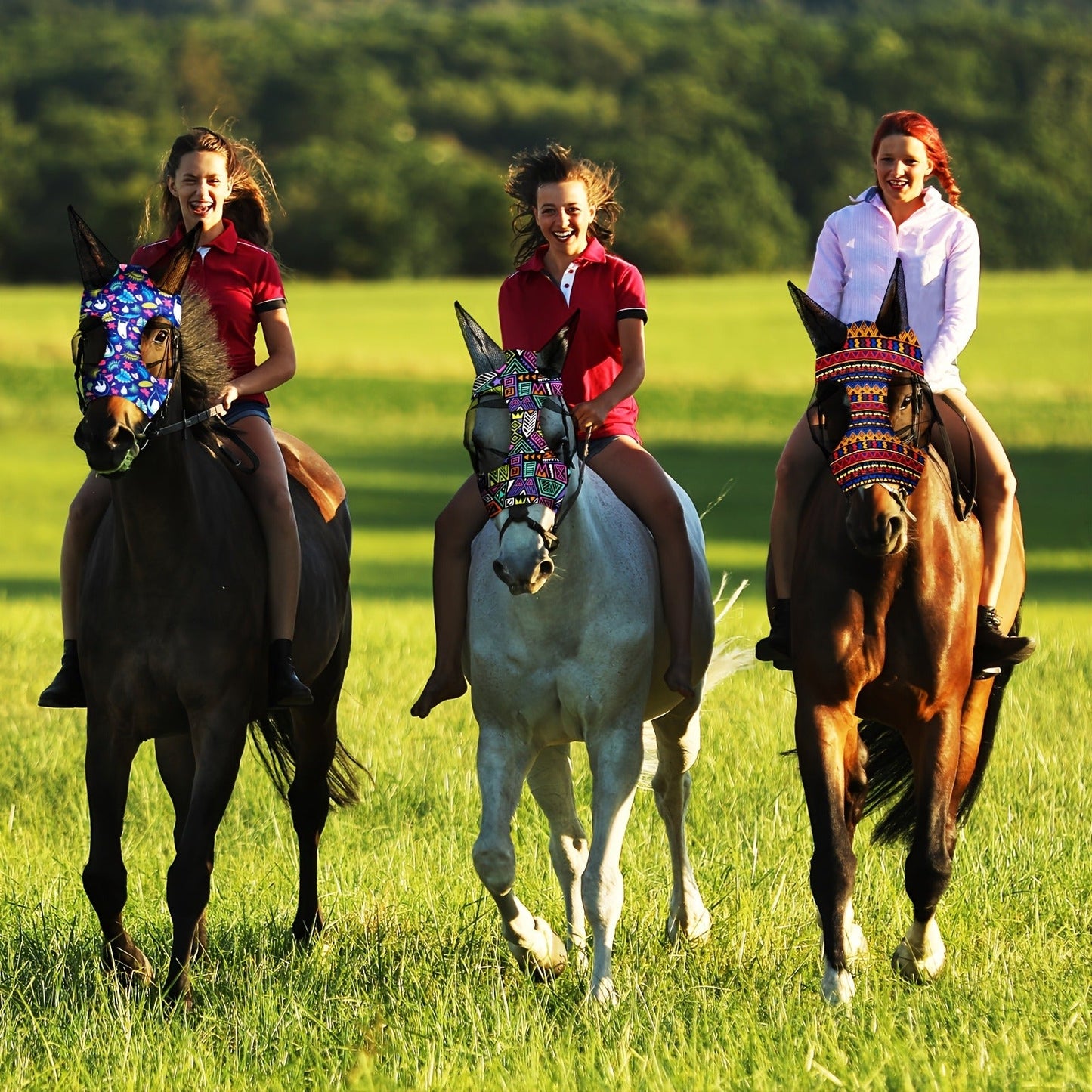 Horse Fly Mask with Ears 6-Pack – Soft Elastic Breathable Face Covering for Horses | Smooth Comfortable Fit, Geometric Pattern, Medium Size, Equine Riding Supplies & Fly Protection