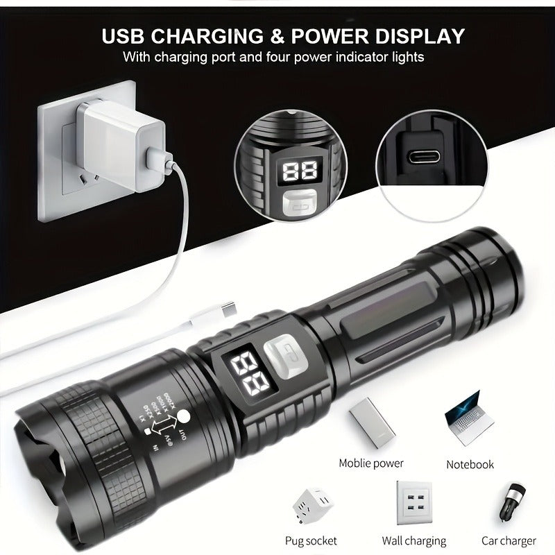 Zoomable Rechargeable Flashlight 800 Lumen High Power LED Torch Adjustable Beam for Camping Fishing Hunting Emergency EDC