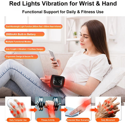 Red Light Therapy Wrist Wrap 660nm 850nm - Infrared LED Wrist Brace with Vibration for Hand & Wrist Pain Relief, Adjustable Strap Fits Left & Right Hand, Unisex Wearable Recovery Device for Office & Daily Use