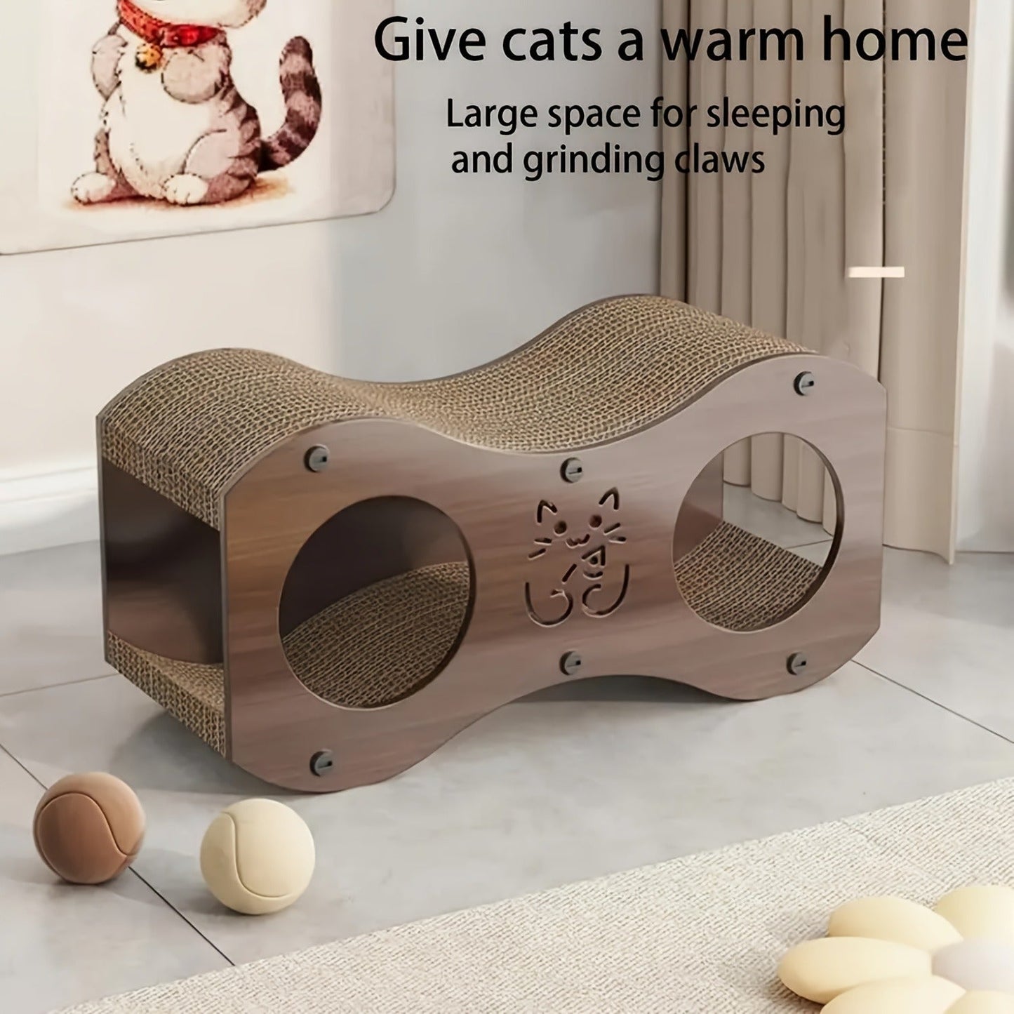 Cat Scratching Post with Integrated Cat Bed - Sturdy Walnut Wood Base, 4-Season Woven Scratch Pad, Indoor Cat Scratcher Lounge for Scratching, Lounging & Play, Oak Color with Optional Cat Toy