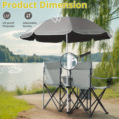 Folding Fishing Chair with Sun Umbrella – 2-Seat Portable Outdoor Chair, Iron Alloy Frame & Oxford Fabric, Built-In Storage Bag & Carry Bag, for Beach, Patio, Camping & Sunbathing, 4 Colors