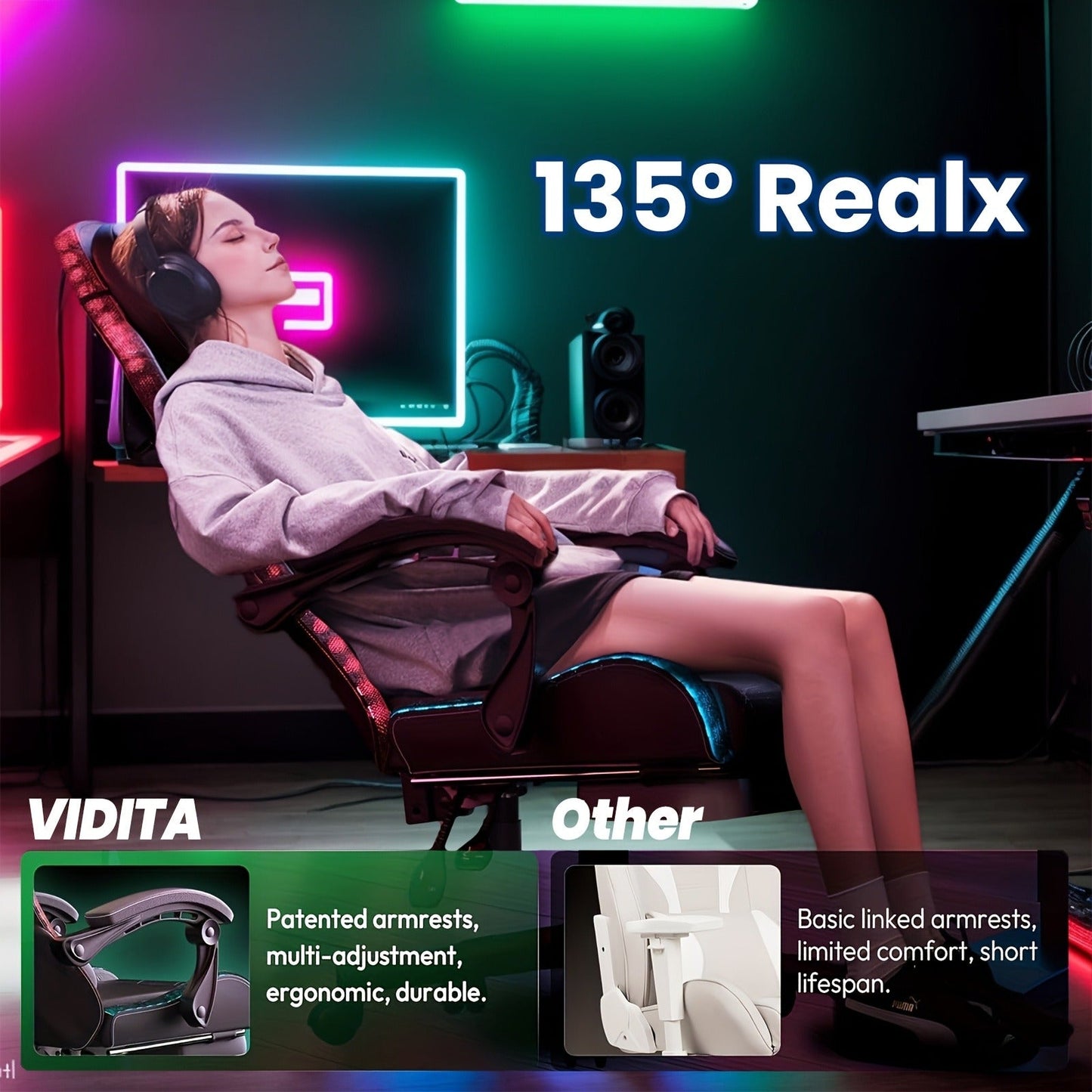 RGB Gaming Chair with LED Lights Footrest Ergonomic Gaming Chair with Massage Lumbar Support Reclining Video Game Chair for Adults Home Office Computer Chair with USB RGB Lighting