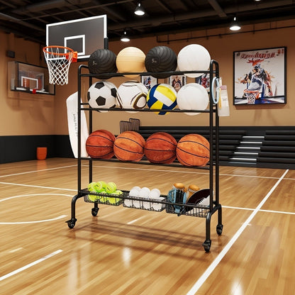 Sports Equipment Storage Rack with Wheels – 4-Tier Ball Rack for Basketball Soccer Volleyball with Hooks & Rolling Casters for Gym Garage