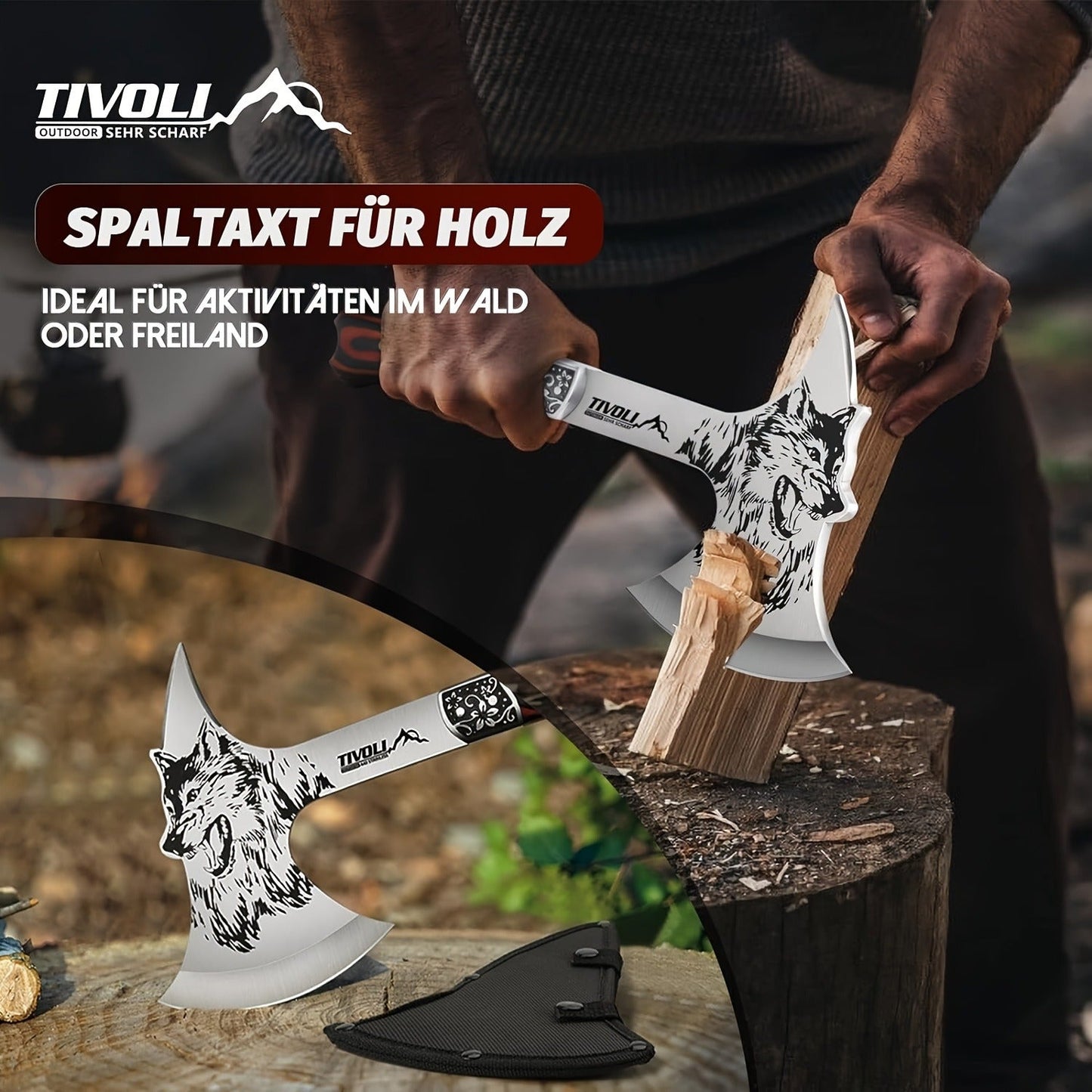 Viking Hatchet High Carbon Steel – Full Tang Camping Axe with Nylon Sheath & Gift Box | Animal Carved Handle for Wood Splitting, Hunting & Outdoor Adventure