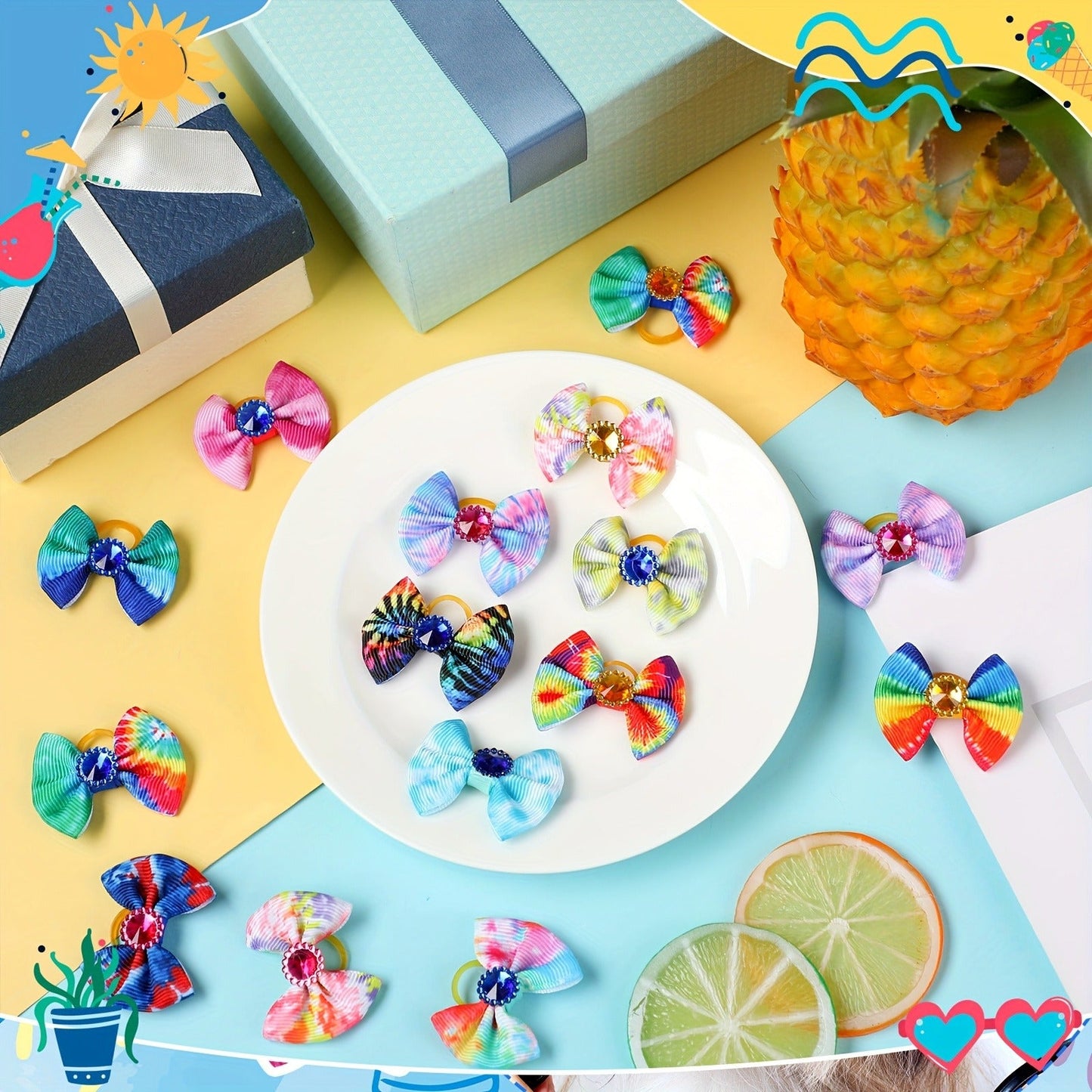 Dog Hair Bows 100 Pack Tie Dye Rhinestone Puppy Grooming Accessories with Rubber Bands – Colorful Spring Dog Topknot Bows for Small Dogs, Cats & Grooming Salons, Bulk Hair Bow Set