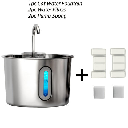 Stainless Steel Cat Water Fountain 74oz - 304 Food-Grade Steel, Ultra-Quiet USB Pump, 3-Stage Filtration, Visible Water Level Window, Auto Circulation for Cats & Small Dogs