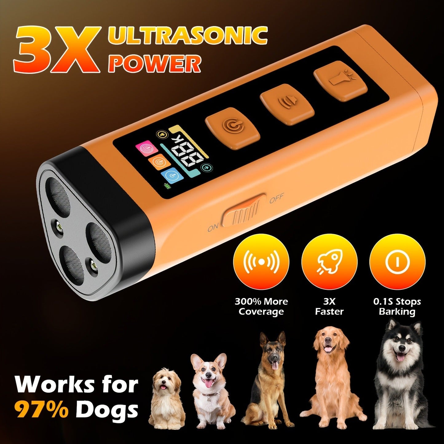 65ft Long-Range Dog Repeller - Triple-Head Ultrasonic Bark Deterrent, Powerful Soundwave Technology, USB Rechargeable Portable Handheld Anti-Barking Device, Dog Behavior Training Tool, Orange