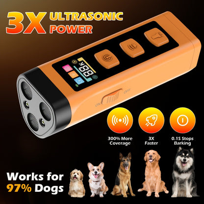 65ft Long-Range Dog Repeller - Triple-Head Ultrasonic Bark Deterrent, Powerful Soundwave Technology, USB Rechargeable Portable Handheld Anti-Barking Device, Dog Behavior Training Tool, Orange