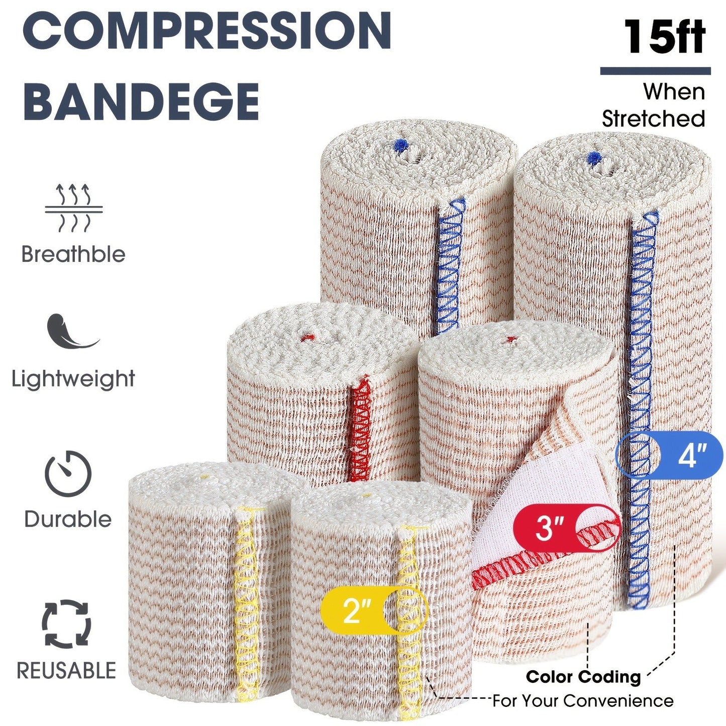 48pcs Elastic Compression Bandage Wrap Set – 2", 3" & 4" Reusable Self-Closure Stretch Bandage Rolls for Sports, Sprains, Swelling & Injury Recovery, Washable & Breathable Athletic Wrap