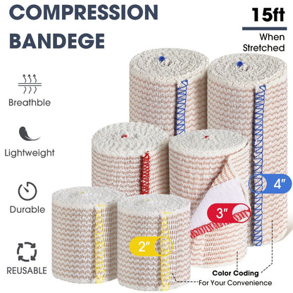 48pcs Elastic Compression Bandage Wrap Set – 2", 3" & 4" Reusable Self-Closure Stretch Bandage Rolls for Sports, Sprains, Swelling & Injury Recovery, Washable & Breathable Athletic Wrap
