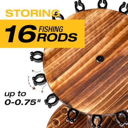Fishing Rod Rack Holds 16 Rods - Circular Wooden Pole Holder with 360° Rotating Base Option - Space-Saving Wall-Free Fishing Rod Organizer for Garage, Basement & Home Storage