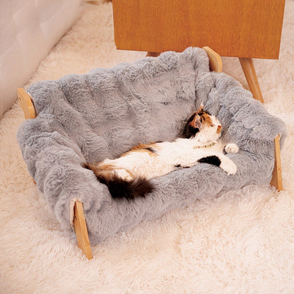 Raised Solid Wood Pet Couch Bed Elevated Modern Cat & Dog Sofa Chair 27x18x12 Inch - Thick Wide Wood Frame Space-Saving Cozy Pet Furniture for Cats & Small Dogs in White & Grey