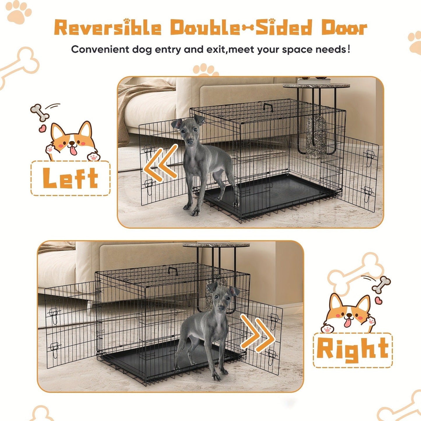 Dog Crate with Divider Panel & Double Door - Folding Metal Wire Dog Cage with Leak-Proof Tray, Indoor Outdoor Travel Pet Kennel for Small Medium Large Dogs, 5 Sizes