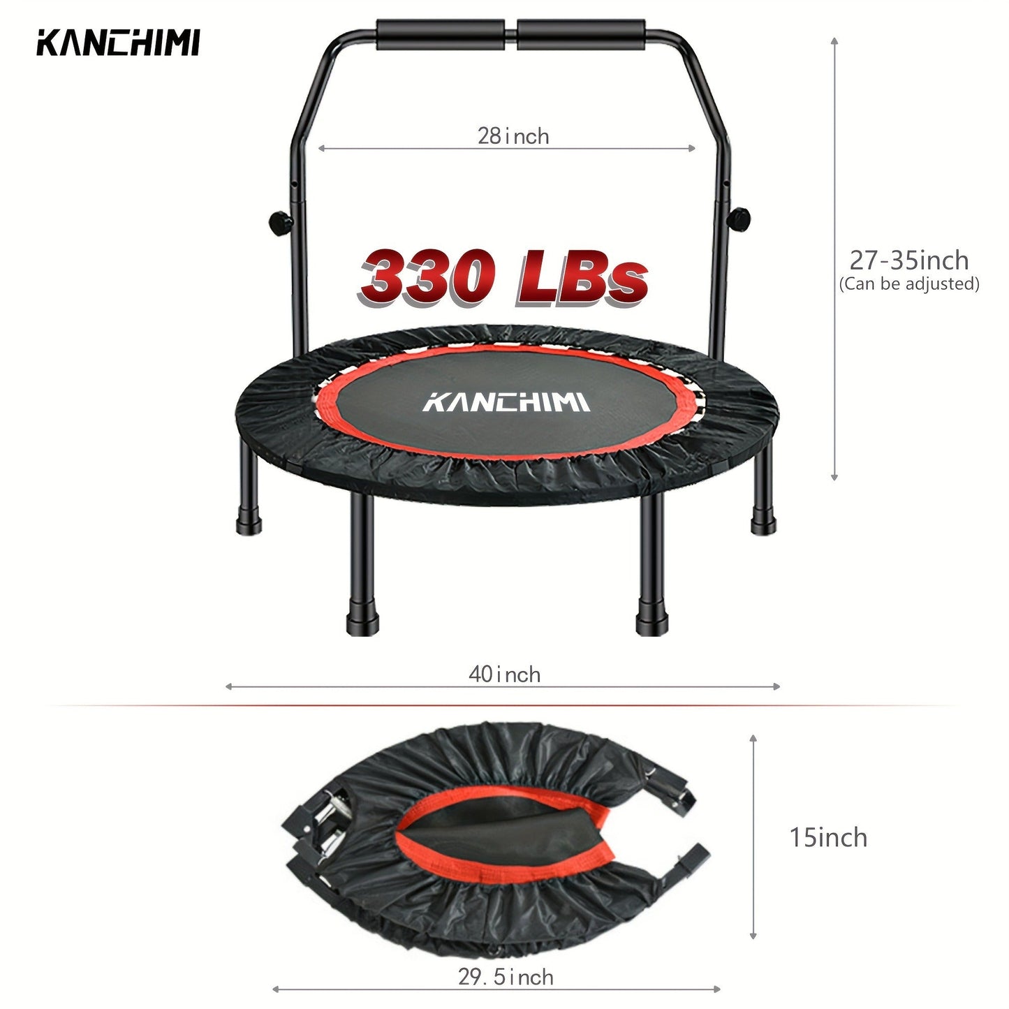 Mini Trampoline Rebounder 40" for Adults 330LB Capacity with Balance Bar Indoor Outdoor Fitness Cardio Exercise Trampoline