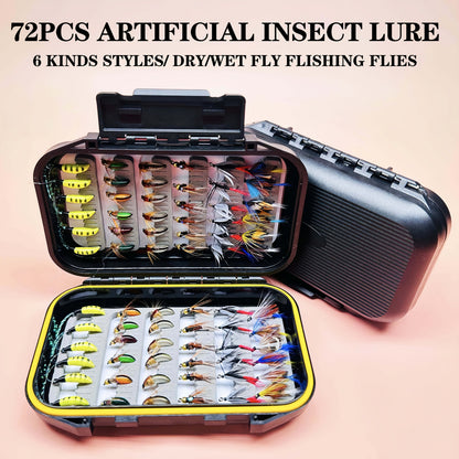 Fly Fishing Lures 72pcs Dry & Wet Flies Assortment with Fly Box - Hand-Tied 6 Patterns for Trout, Bass & Salmon, Biomimetic Bait, Fisherman Gift