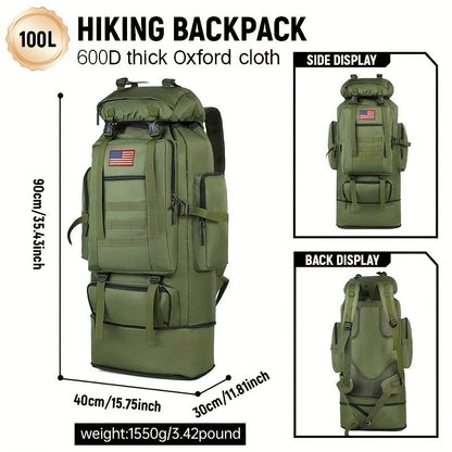 Tactical Backpack 100L Large Capacity Hiking Backpack Multiple Compartments Heavy Duty Ergonomic Straps for Camping Travel Trekking Backpacking Outdoor Adventures Jungle Green Black Army Green Gray Desert