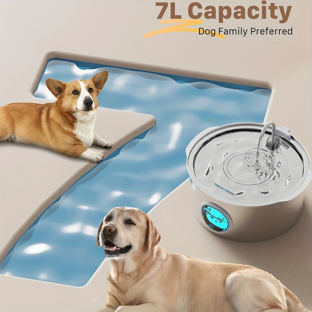 Stainless Steel Pet Water Fountain 1.85 Gal - Smart 304 SS Large Capacity Cat Dog Automatic Water Dispenser, Silent Pump, Filter Chip, Water Level Window