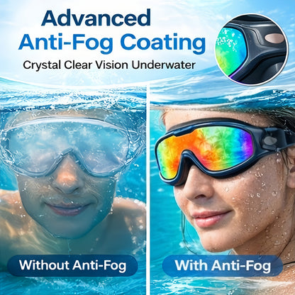 2 Pack HD Anti-Fog Swim Goggles – Leak-Proof Wide Vision, UV Protection Mirrored Lens, Comfortable Fit for Men Women Adults, with Earplugs Nose Clip Case & Waterproof Bag