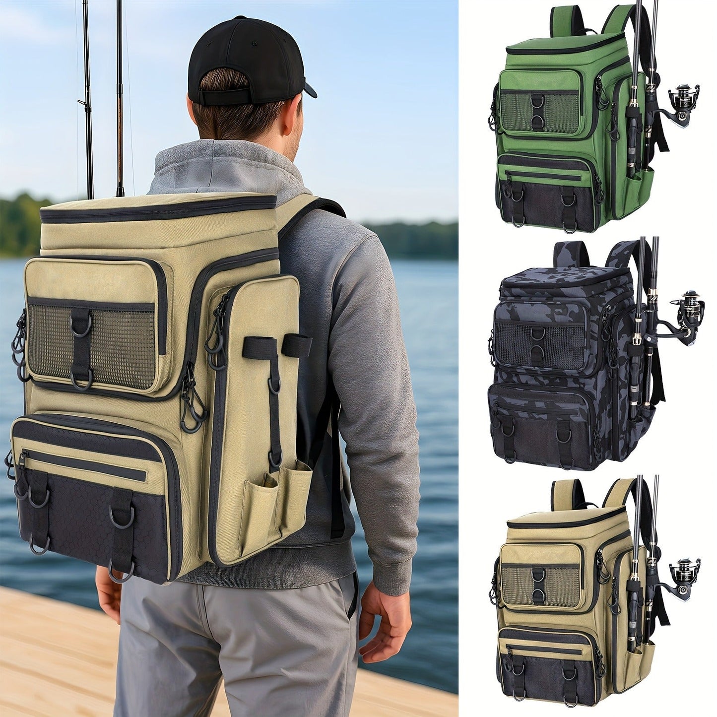 Waterproof Fishing Rod Backpack 42L – Built-In Rod Tube, 16 Pockets & Insulated Cooler Option | Black, Camo, Khaki, Gray