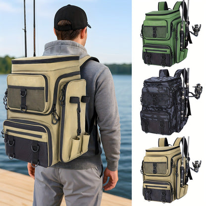 Waterproof Fishing Rod Backpack 42L – Built-In Rod Tube, 16 Pockets & Insulated Cooler Option | Black, Camo, Khaki, Gray