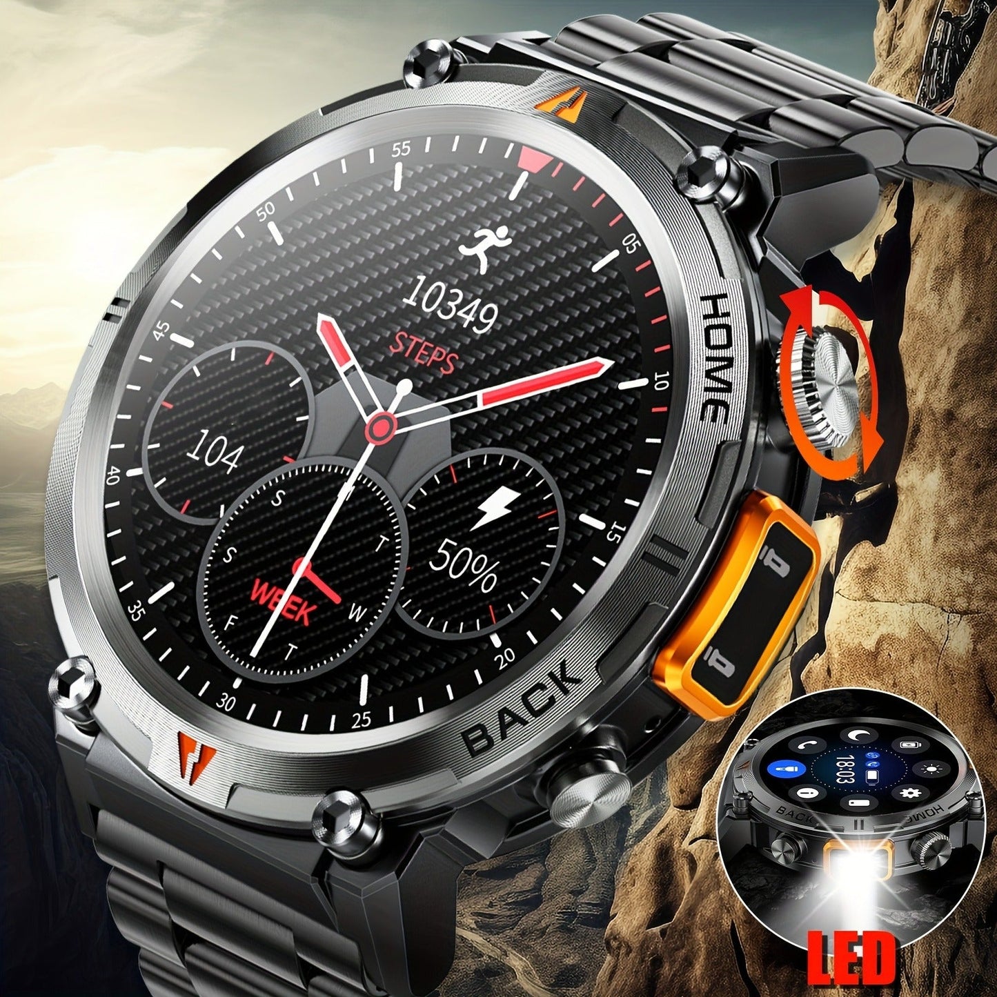 EIGIIS KE3 Rugged Smartwatch for Men – Wireless Calling, HD 1.45" Screen, LED Light, Fitness Tracker, iPhone & Android