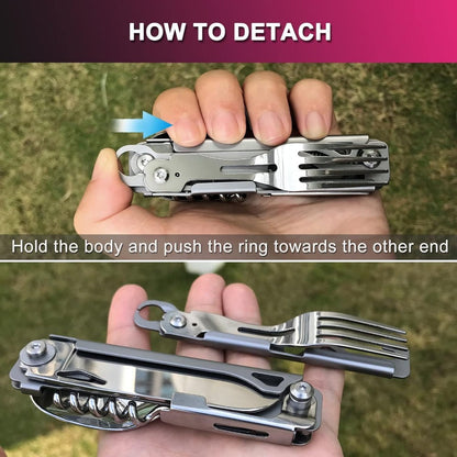 Portable Travel Cutlery Set – Removable Spoon, Fork & Knife with Bottle Opener – Compact Stainless Steel Utensils for Camping, Hiking, Picnic & Everyday Carry, Silver