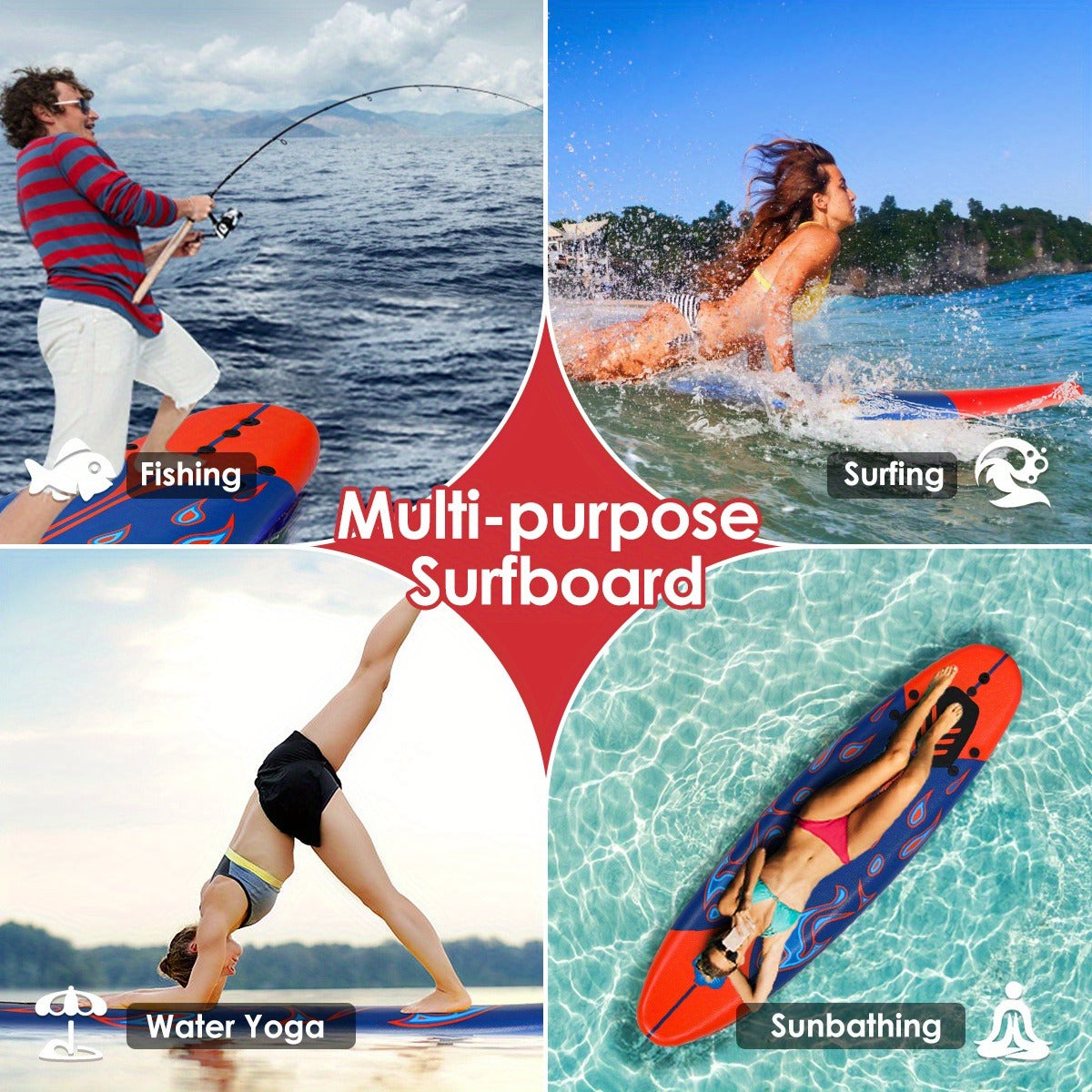Foam Surfboard 6ft Beginner Surfboard EPE Deck EPS Core 3 Detachable Fins Safety Leash 200lbs for Kids Adults Ocean Beach River Pool Yellow White Red