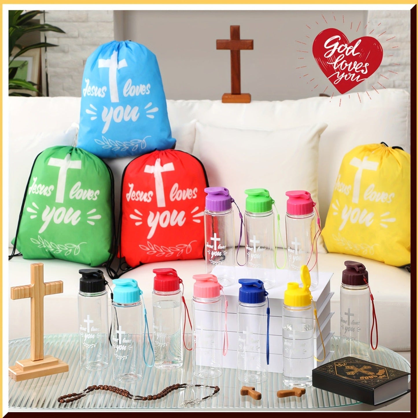 Christian Party Gifts Bulk Set 20pcs – 10 Drawstring Backpacks & 10 Sport Bottles with Bible Verses, God Loves You Church Event Favors for Kids, Vacation Bible School, Sunday School & Religious Celebrations