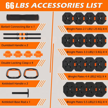 Adjustable Barbell & Dumbbell Set 4-in-1 – 25/50/66 lbs Home Gym Weight Set with Connecting Rod, Strength Training for Men & Women