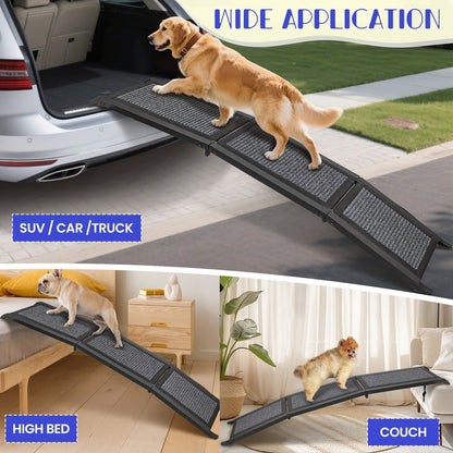 Folding Pet Ramp for Dogs & Cats – Adjustable Portable Non-Slip Fabric Ramp with Ergonomic Handle for Car, Bed & Sofa Access | Indoor & Outdoor Use, 60in & 67in