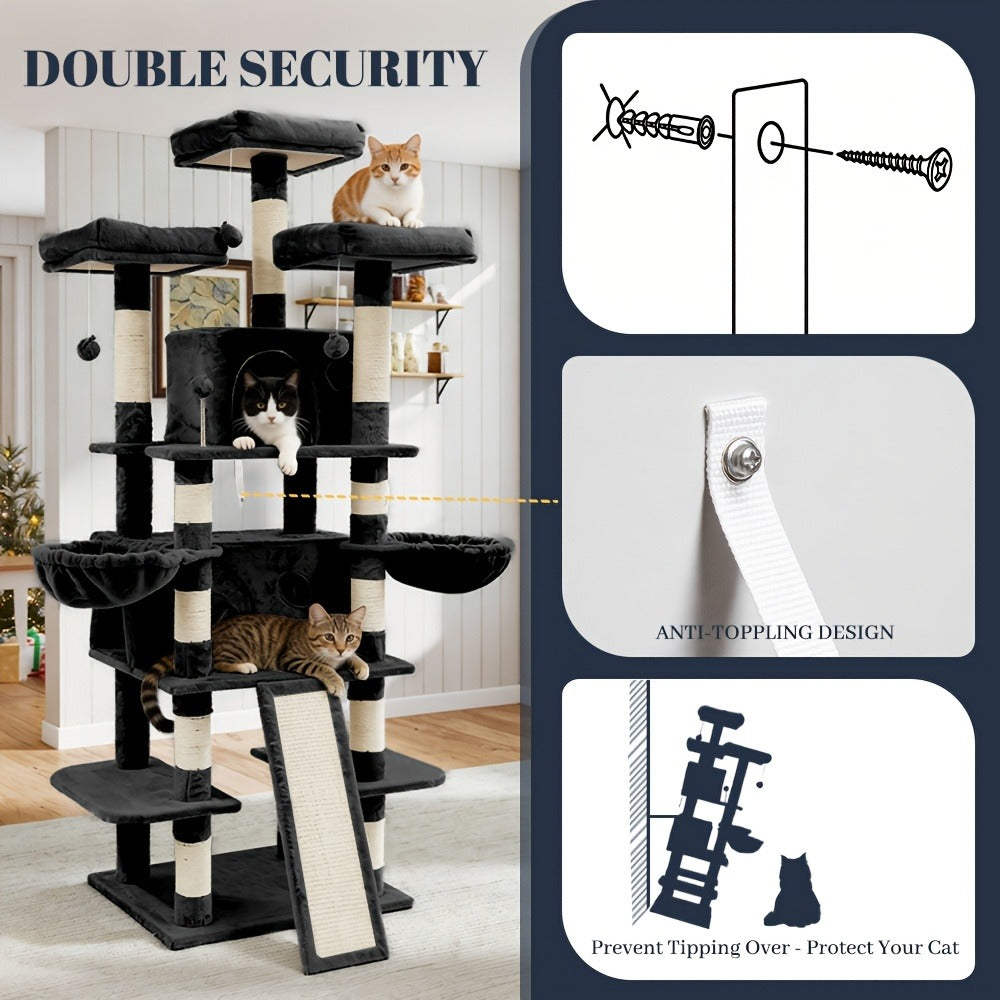 Large Multi-Level Cat Tree Tower – 68–81 Inch Tall Cat Condo with 2 Condos, 3 Plush Perches, Scratching Posts & Cat Hair Brush