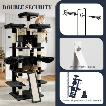 Large Multi-Level Cat Tree Tower – 68–81 Inch Tall Cat Condo with 2 Condos, 3 Plush Perches, Scratching Posts & Cat Hair Brush