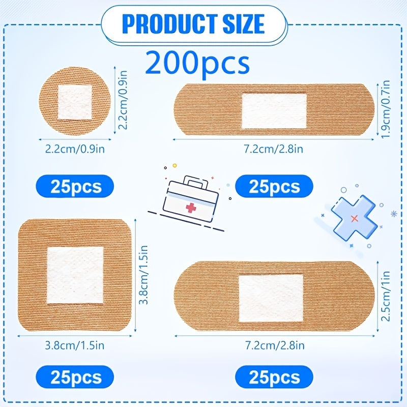 Fingertip Bandages Bulk Pack 100/200pcs, 4 Styles Flexible Fabric Adhesive Bandages, Breathable Skin-Tone Wound Care Strips for Finger Injuries, Family First Aid Kit Refill