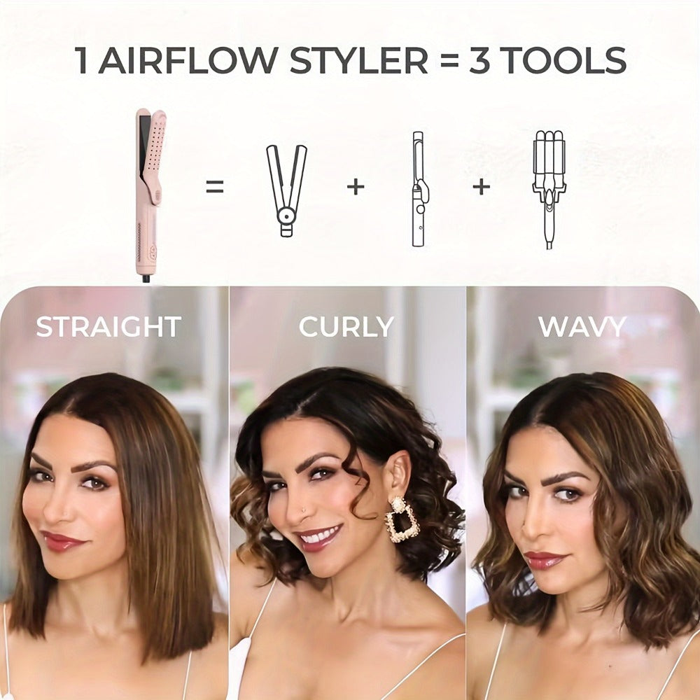 2-in-1 Airflow Curling Iron 360° Ceramic – Curl & Straighten Anti-Scald Hair Styler Wand with 5 Temps Cool Air Technology for Long & Short Hair – Pink, Black