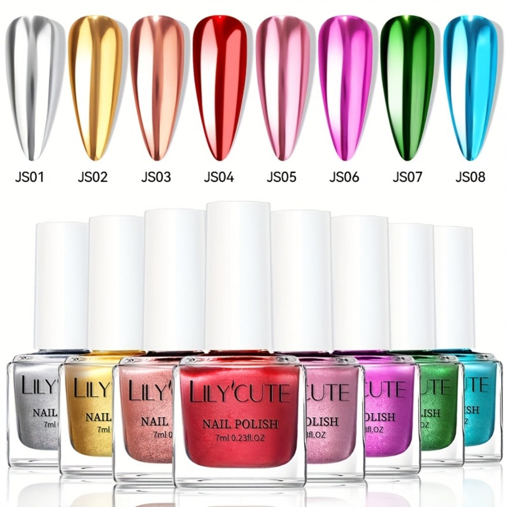 Quick-Dry Metallic Nail Polish Set 8 Colors - Super Bright Mirror Finish No UV Lamp Needed Regular Nail Polish, French Style Glass Bottle Nail Art Kit for Women Girls