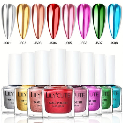 Quick-Dry Metallic Nail Polish Set 8 Colors - Super Bright Mirror Finish No UV Lamp Needed Regular Nail Polish, French Style Glass Bottle Nail Art Kit for Women Girls