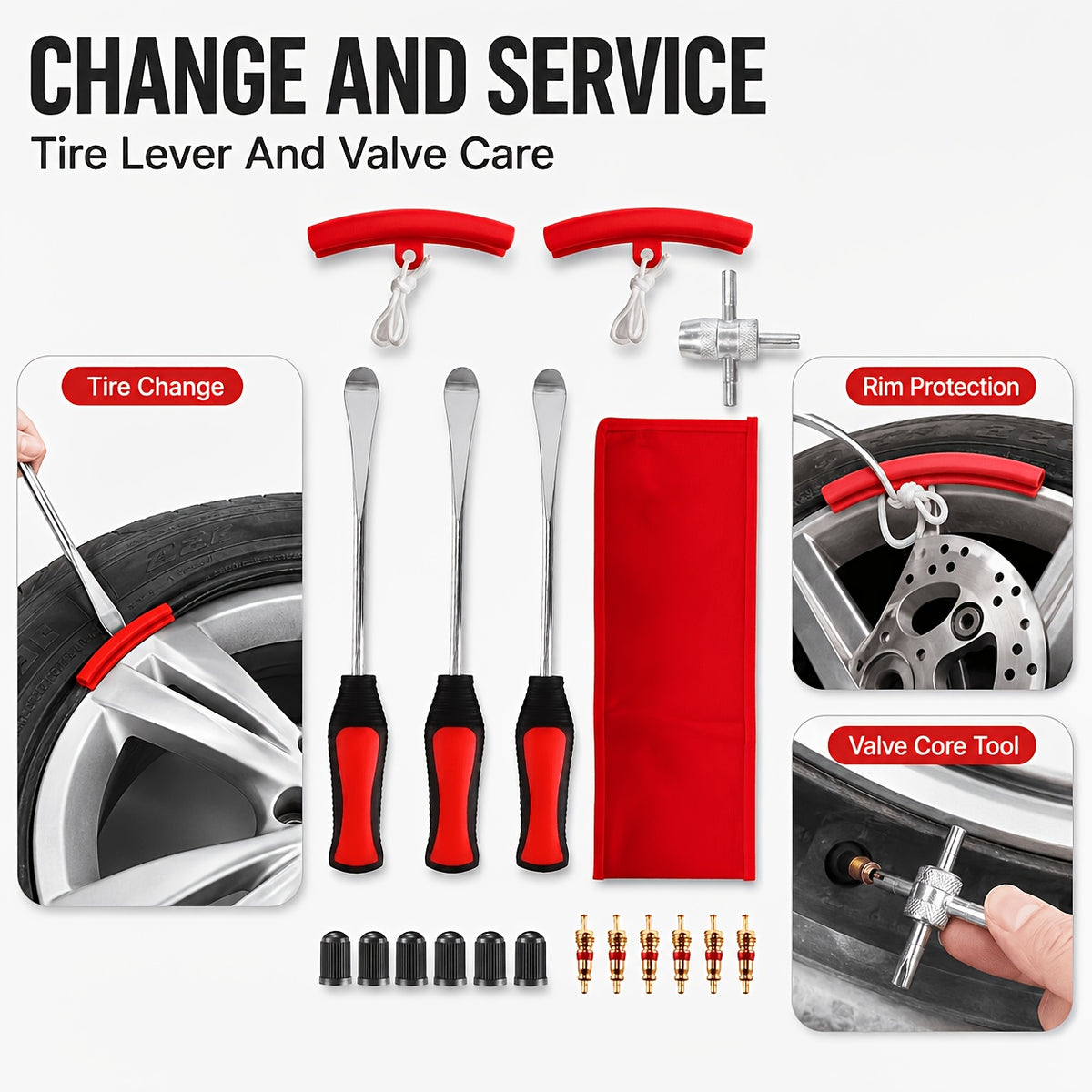 29/24/12pcs Tire Changing And Valve Service Tool Kit with Tire Lever Tools, Valve Caps, Valve Cores, 4-Way Valve Tool, And Storage Pouch for Garage Tire Maintenance And Vehicle Care
