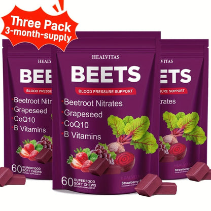 Beet Root Gummies for Blood Pressure & Heart Health with CoQ10 Vitamin B12 B6 Grapeseed Extract — Chewable SuperBeets Blood Flow Booster Nitric Oxide Supplement for Men Women 1 2 3 Pack