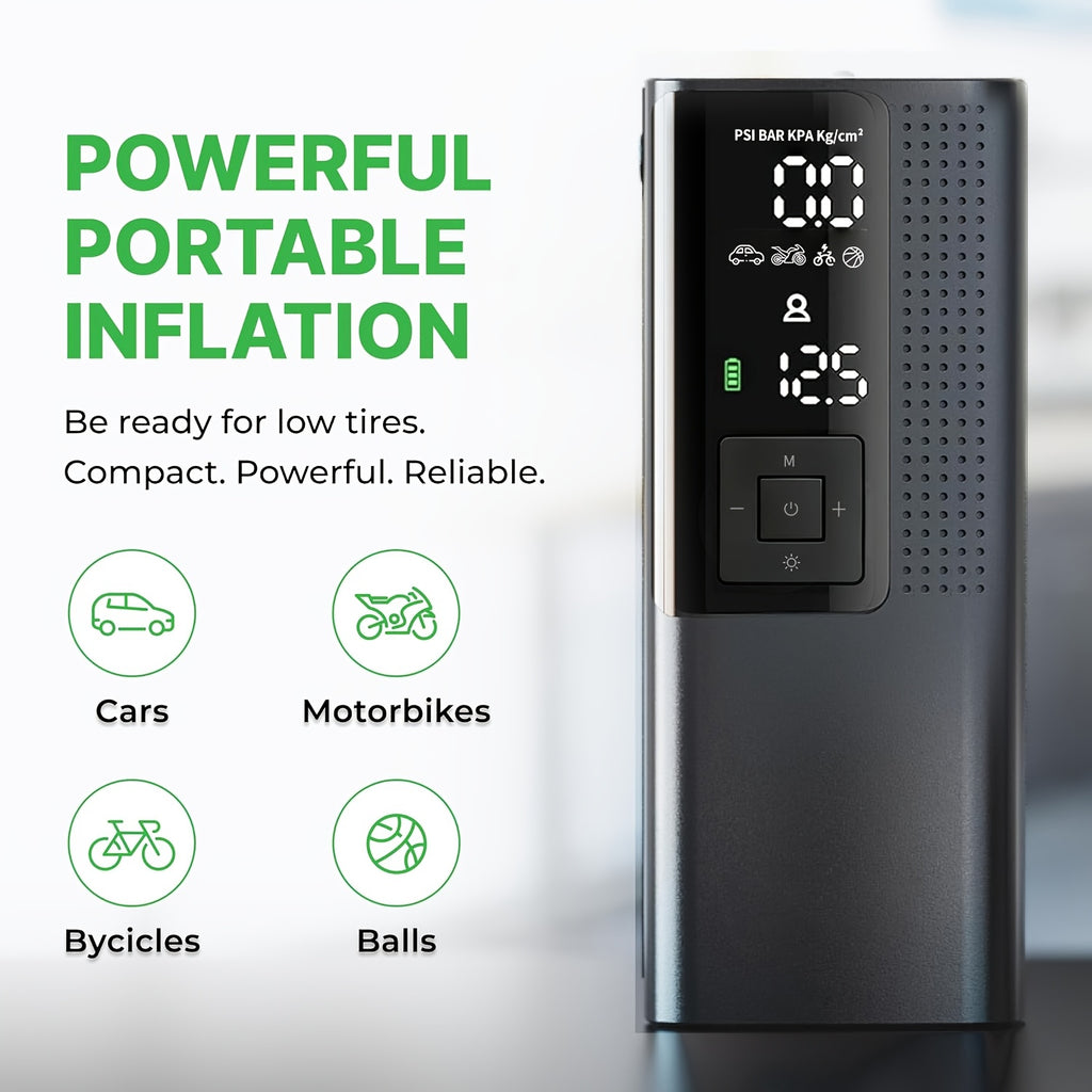 Portable Tire Inflator with Digital Pressure Gauge, Rechargeable Battery, LED Light, Cordless, Suitable for Cars, Motorcycles, Bicycles, And Balls