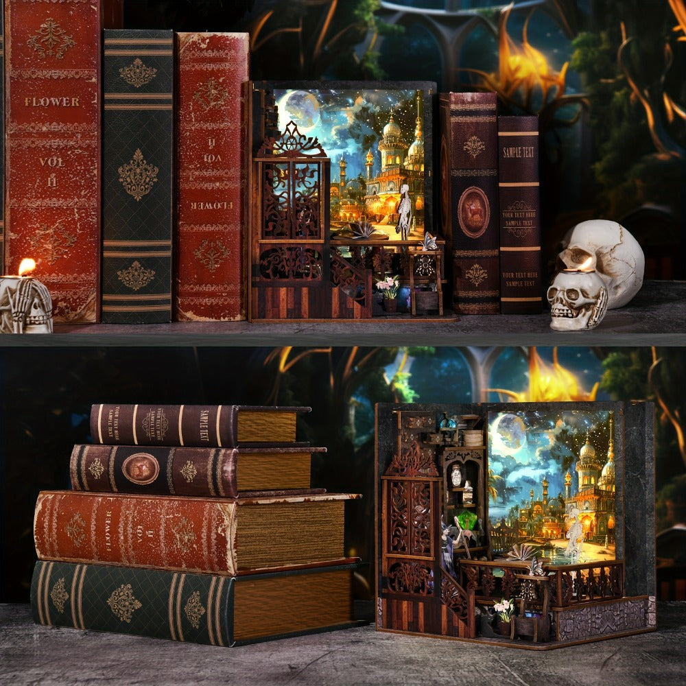Halloween Book Nook Kit – Magic Mystery DIY Dollhouse Bookshelf Insert, 3D Wooden Witch Skeleton Miniature Scene, Whiteboard Shelf Decoration, Unique Gift for Book Lovers Adults Teens