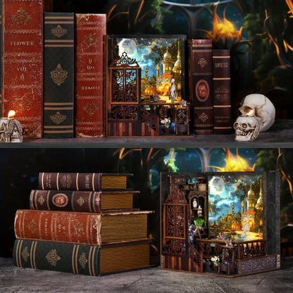 Halloween Book Nook Kit – Magic Mystery DIY Dollhouse Bookshelf Insert, 3D Wooden Witch Skeleton Miniature Scene, Whiteboard Shelf Decoration, Unique Gift for Book Lovers Adults Teens