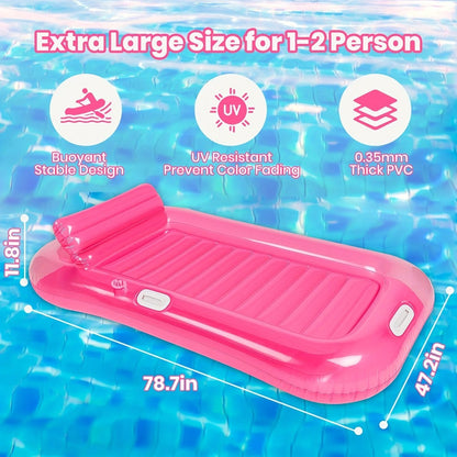 Inflatable Pool Lounger Sunbed for Adults 84"x47" – 2-in-1 Tanning Float with Cup Holders, Removable Headrest & Handles, 330lb Capacity, UV-Resistant PVC, Pool Beach Lake, Blue & Pink
