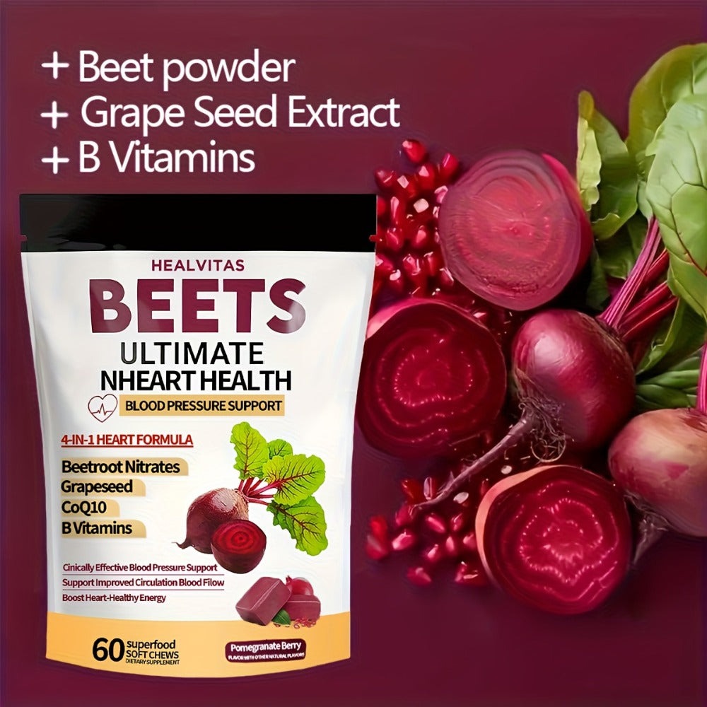 Beetroot Gummies with CoQ10 & Multi-Vitamins — 4-in-1 Heart Health & Blood Pressure Support Supplement | Pomegranate Flavor Chewable Gummies for Cardiovascular Wellness, Circulation & Energy | 60 Gummies 30-Day Supply | 1 or 3 Pack