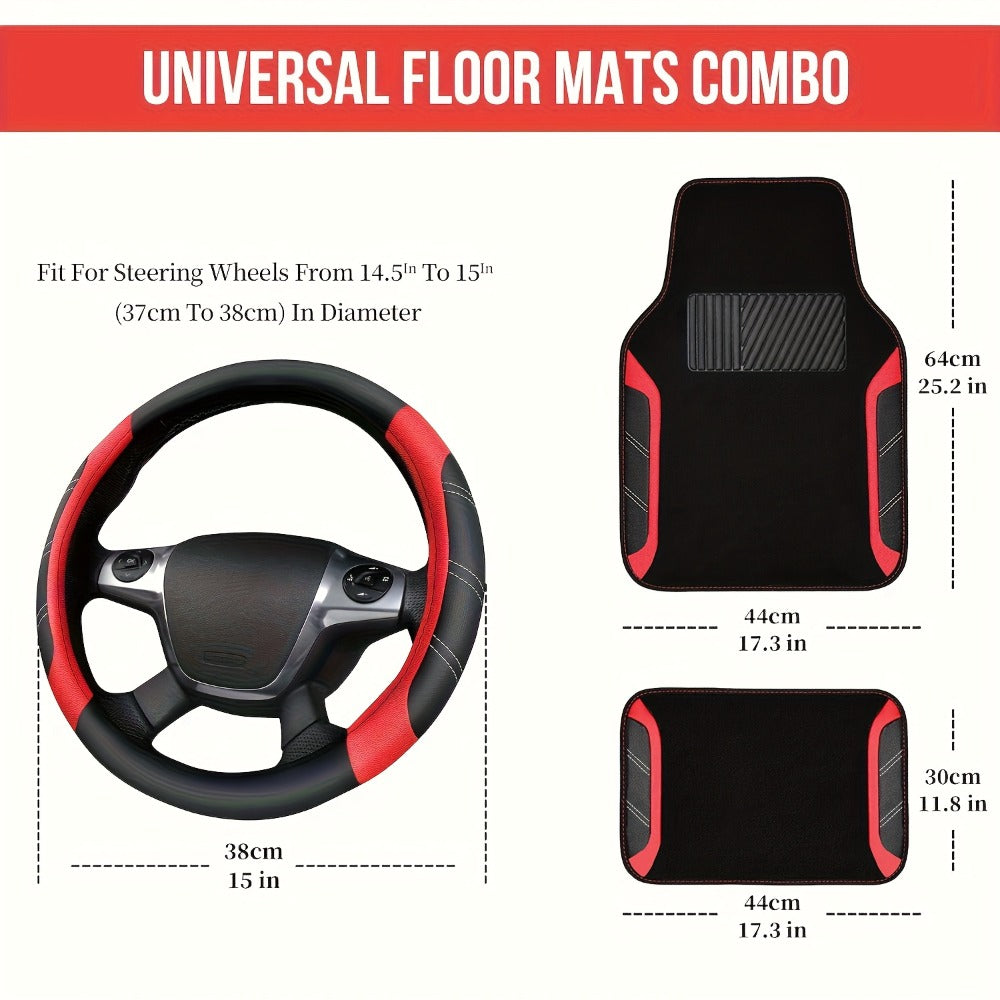 Steering Wheel Cover & Waterproof Car Floor Mats Combo Set – Microfiber Anti-Slip Universal Fit 14.5-15 Inch for 95% Sedan SUV Cars – Sporty Comfortable Design (Black & Blue / Beige / Red / Pink / Gray)