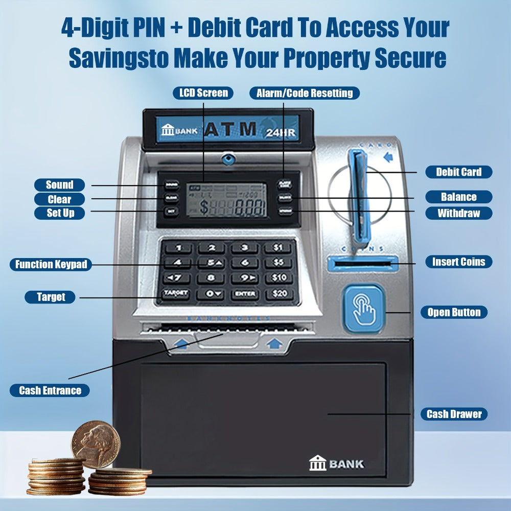 Electronic ATM Kids Piggy Bank with Password – Banknote & Coin Savings Bank for Boys Girls, Birthday Gift, Christmas Gift, Interactive Money Bank Toy, Black & Blue