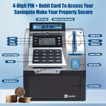 Electronic ATM Kids Piggy Bank with Password – Banknote & Coin Savings Bank for Boys Girls, Birthday Gift, Christmas Gift, Interactive Money Bank Toy, Black & Blue